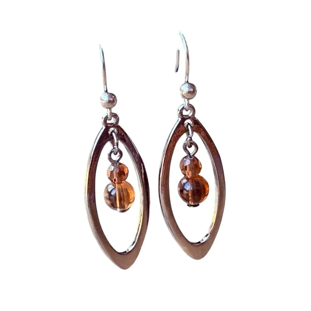 Vintage 1990s‎ Chico’s Silver Oval Amber Bead Dangle Earrings Modern Minimalist